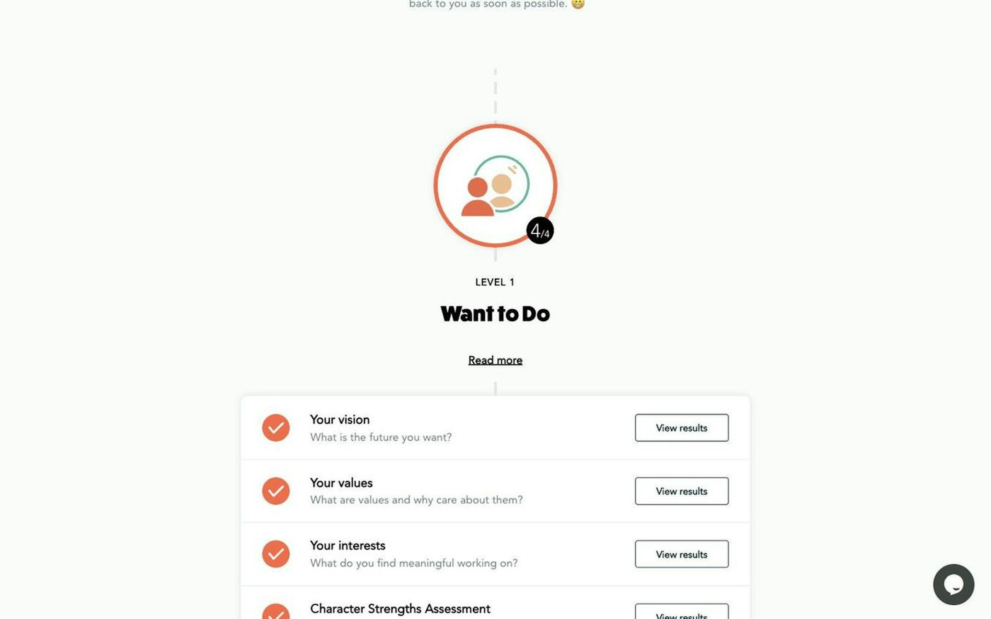 The CareersKitchen activities page, showing a vertical timeline of four levels with the activities in each.
