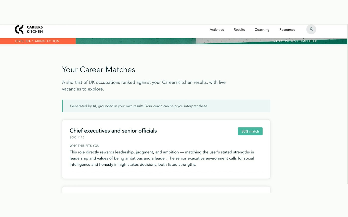 The Careerskitchen Career Match results page, showing a ranked occupation with its SOC code, a match score and an explanation of why it fits.