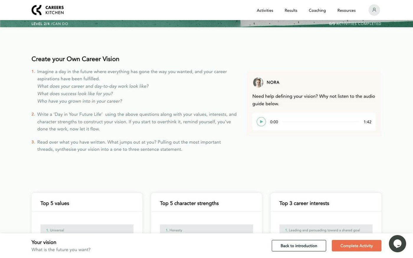 A CareersKitchen activity in progress, showing numbered prompts and an audio guide from coach Nora.