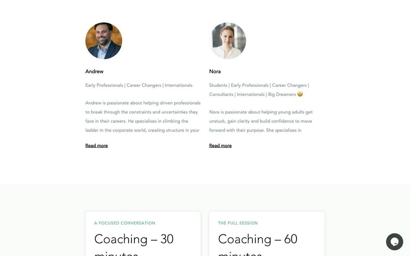 The CareersKitchen coaching page, showing coach profiles and 30- and 60-minute session options.